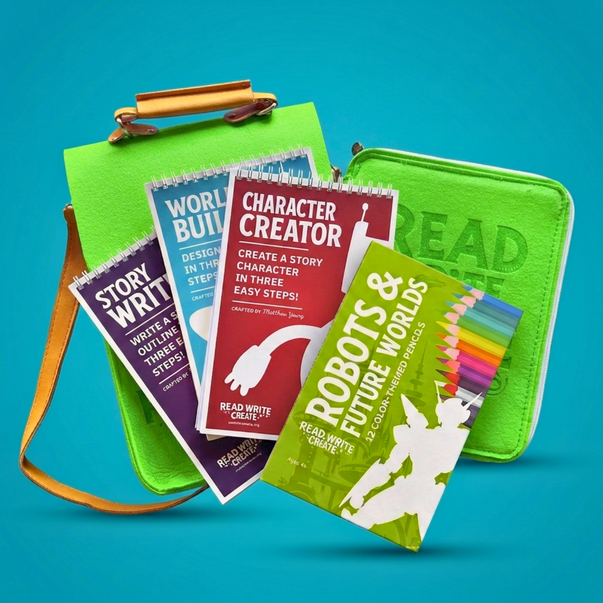Creative Writing Bundle for Homeschool with Lime Green bag and Robots & Future Worlds colored pencils