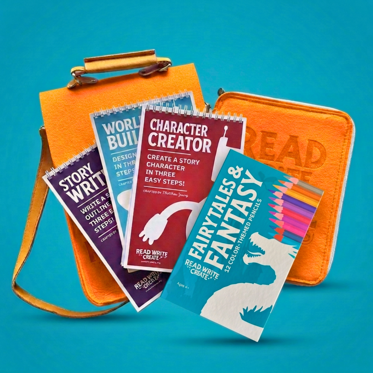 Creative Writing Bundle for Homeschool with Orange bag and Fairytales and Fantasy colored pencils