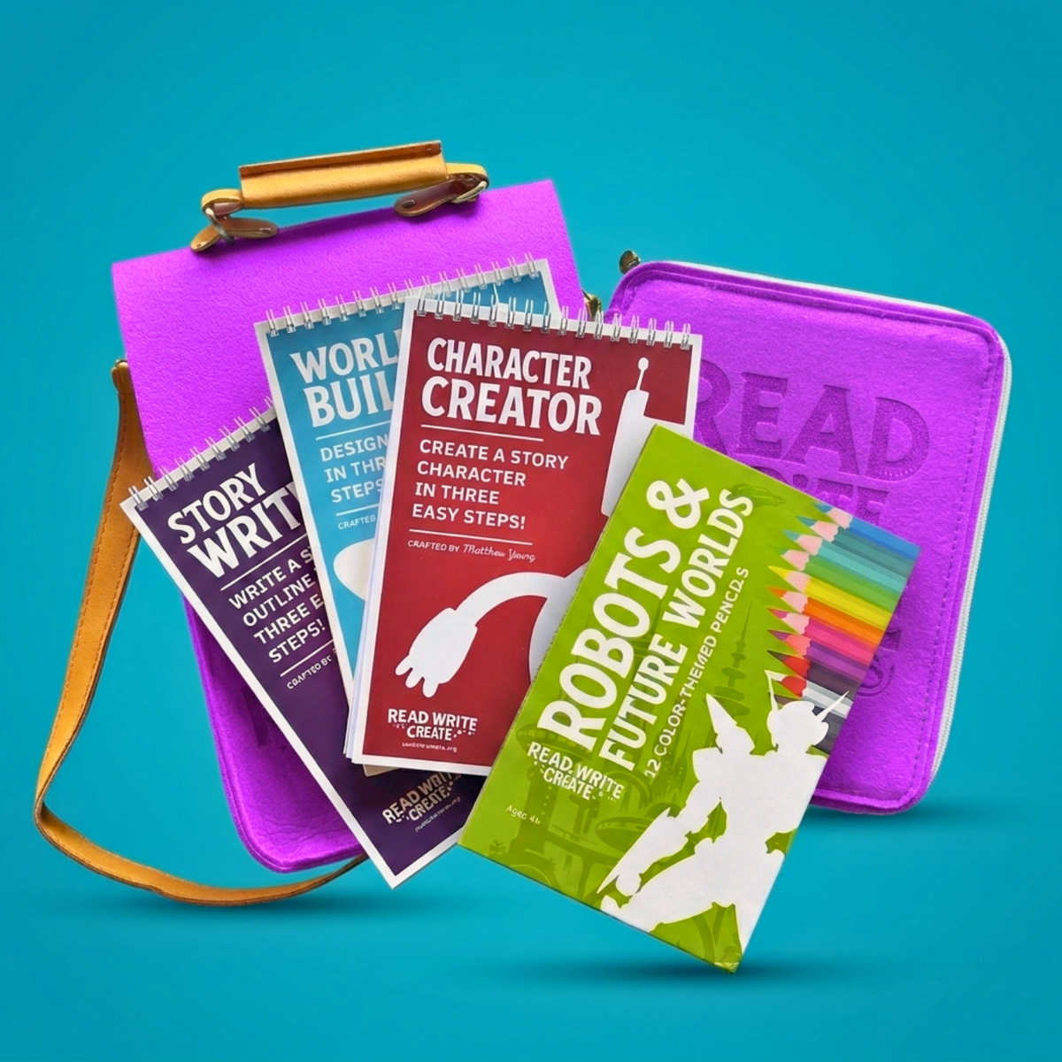 Creative Writing Bundle for Homeschool with Purple bag and Robots & Future Worlds colored pencils