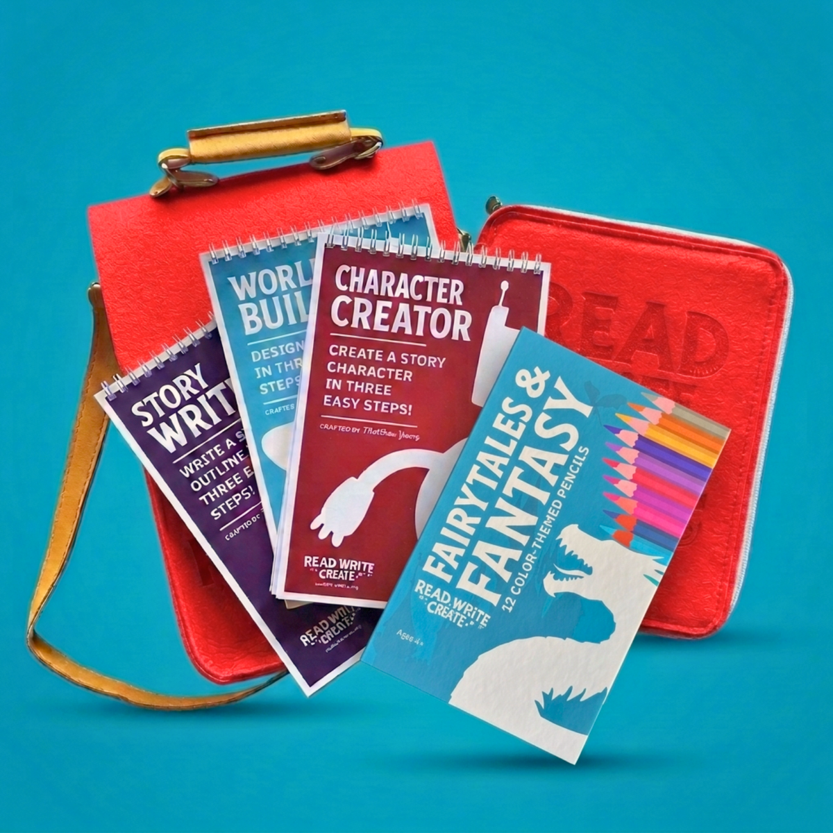Creative Writing Bundle for Homeschool with Red bag and Fairytales and Fantasy colored pencils