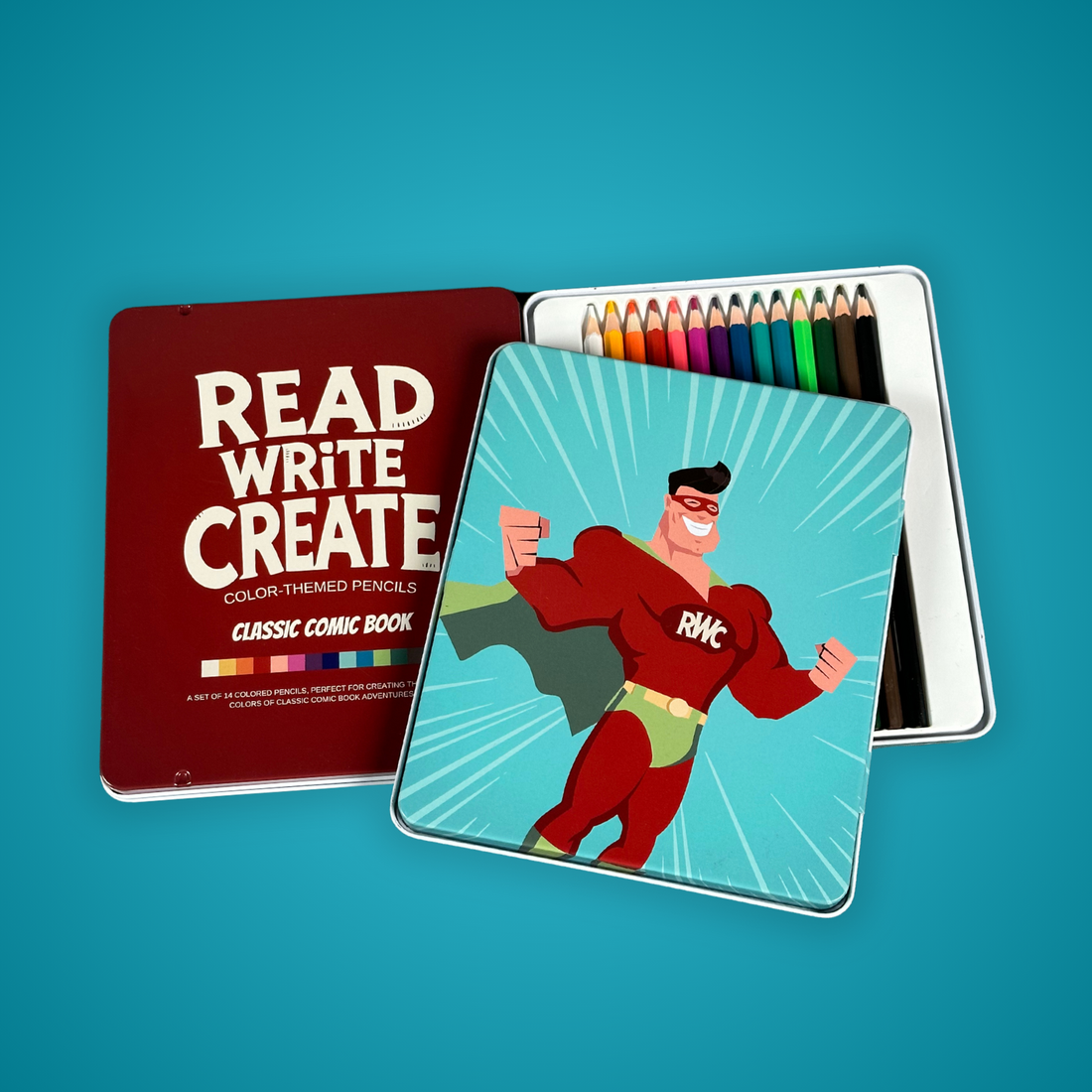 Classic Comic Book Color-Themed Pencils with Collectible Tin Container