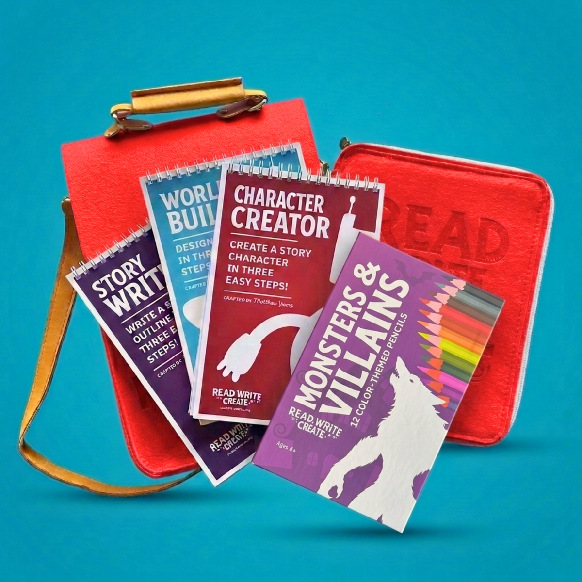 Creative Writing Bundle for Homeschool with Red bag and Monsters and Villains colored pencils