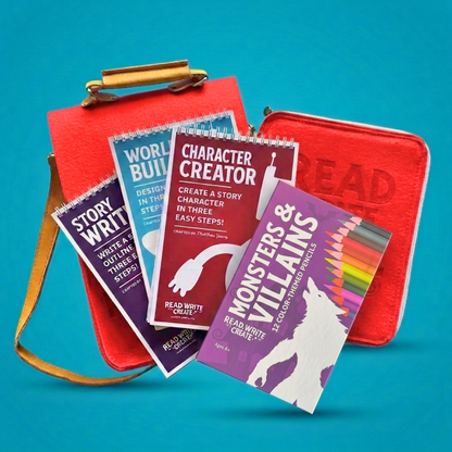 Creative Writing Bundle for Homeschool with Red bag and Monsters and Villains colored pencils