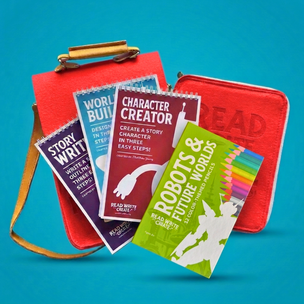Creative Writing Bundle for Homeschool with Red bag and Robots &amp; Future Worlds colored pencils