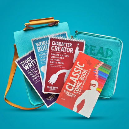 Creative Writing Bundle for Homeschool with Seafoam Blue bag and Classic Comic Book colored pencils