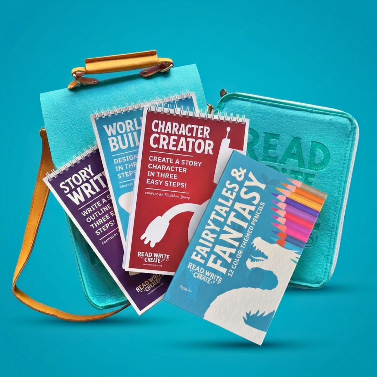 Creative Writing Bundle for Homeschool with Seafoam Blue bag and Fairytales and Fantasy colored pencils