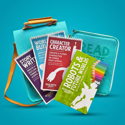 Creative Writing Bundle for Homeschool with Seafoam Blue bag and Robots &amp; Future Worlds colored pencils