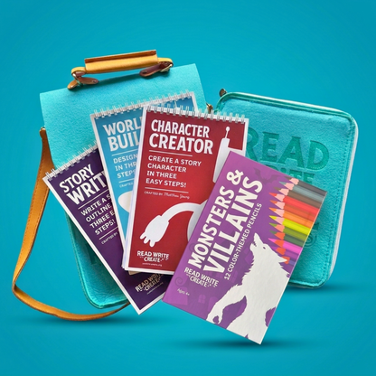 Creative Writing Bundle for Homeschool with Seafoam Blue bag and Monsters and Villains colored pencils