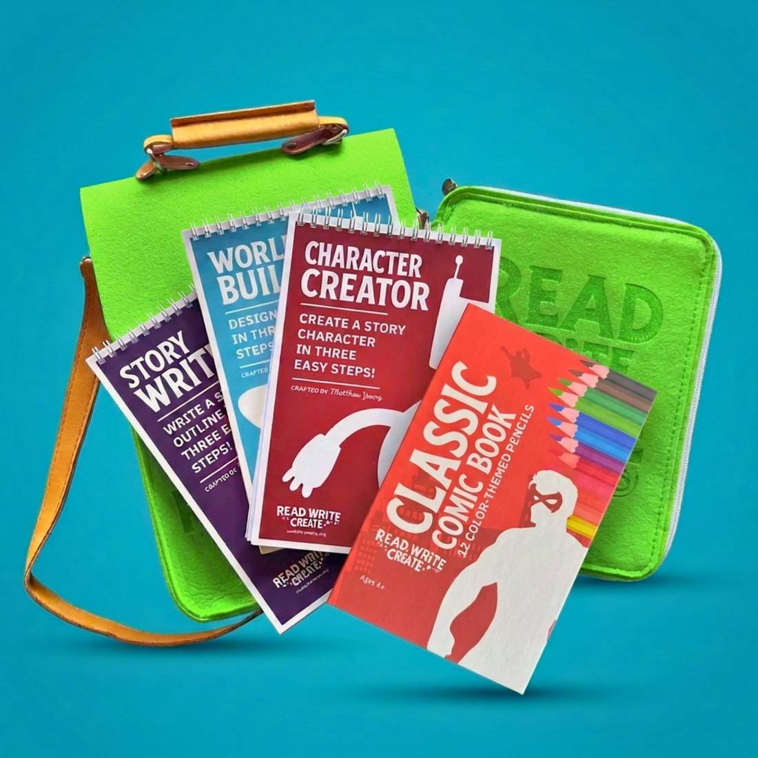 Creative Writing Bundle for Homeschool with Lime Green bag and Classic Comic Book colored pencils