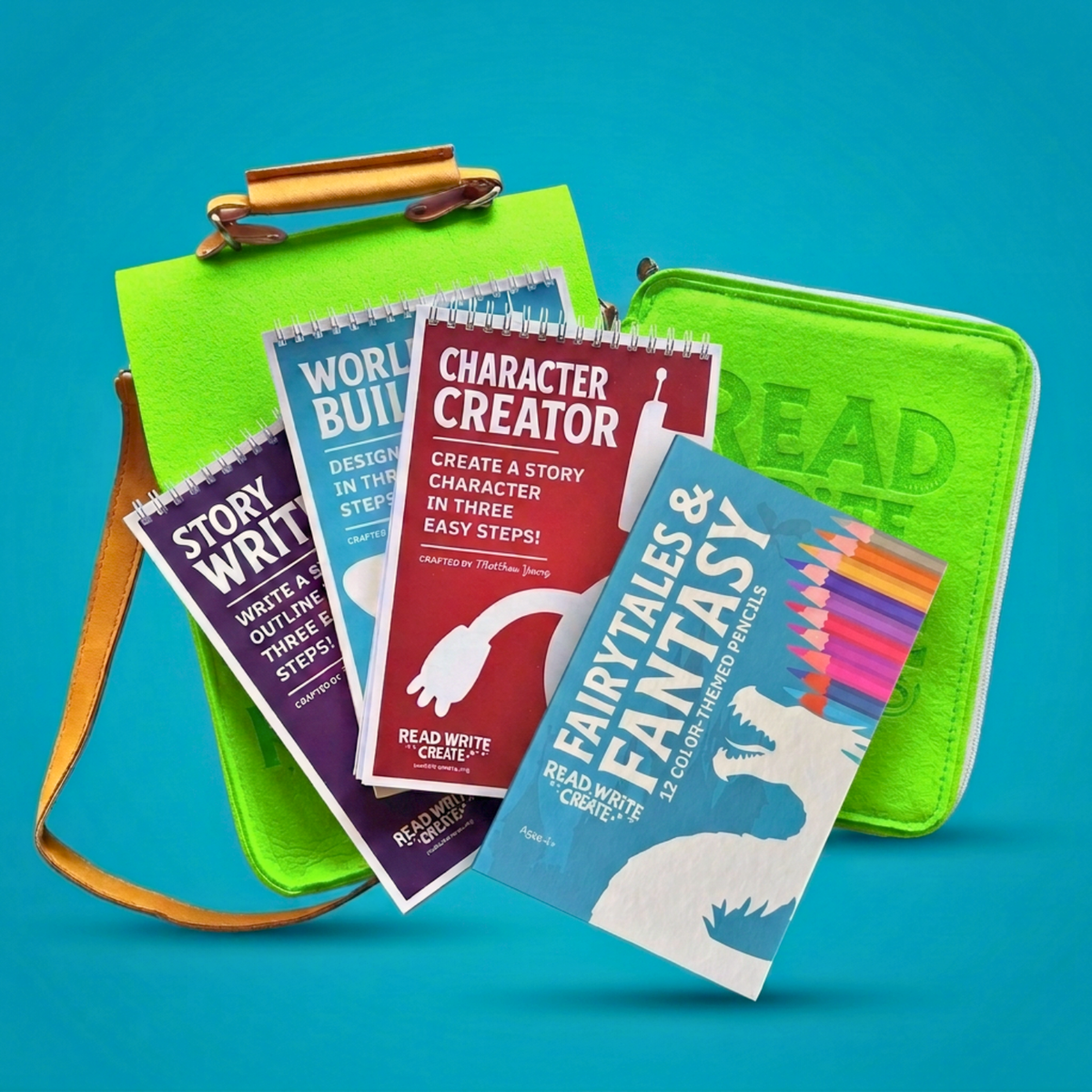 Creative Writing Bundle for Homeschool with Lime Green bag and Fairytales and Fantasy colored pencils