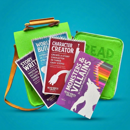 Creative Writing Bundle for Homeschool with Lime Green bag and Monsters and Villains colored pencils