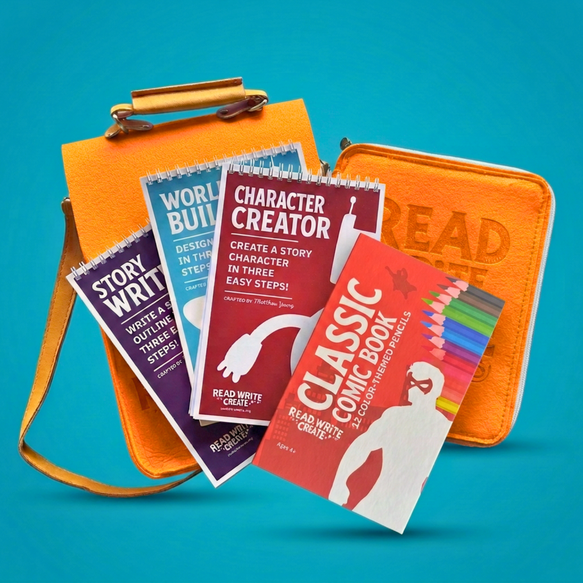 Creative Writing Bundle for Homeschool with Orange bag and Classic Comic Book colored pencils