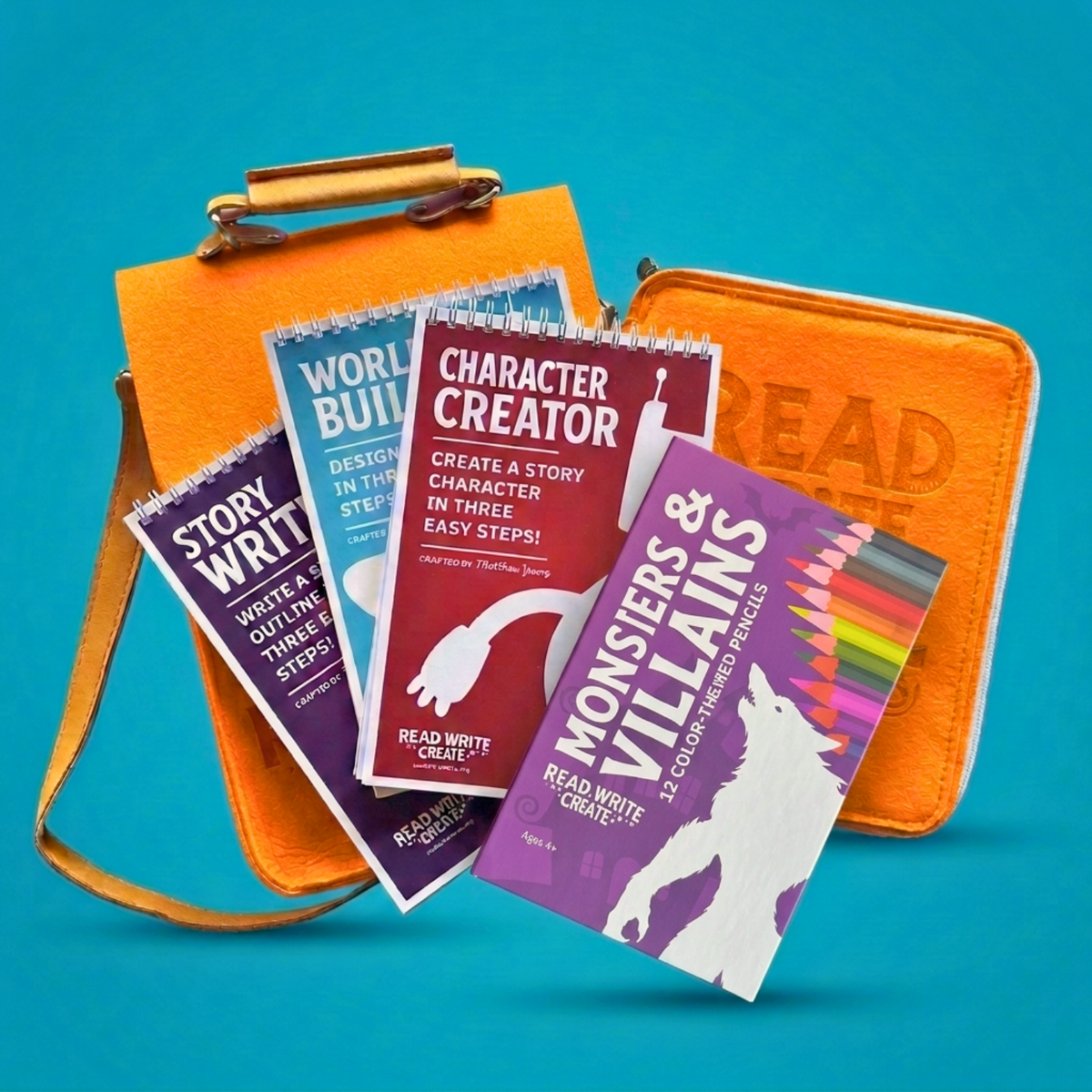 Creative Writing Bundle for Homeschool with Orange bag and Monsters and Villains colored pencils