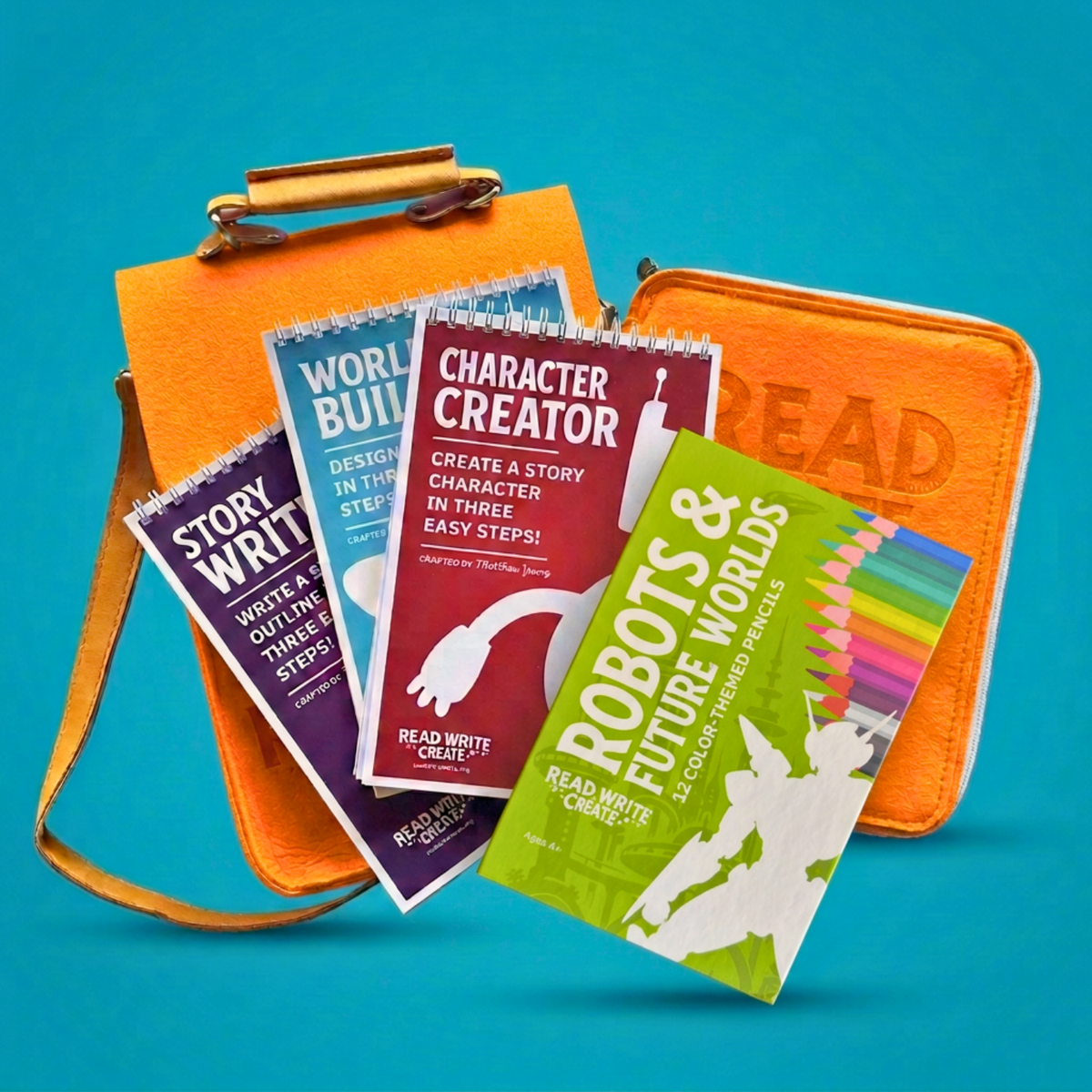 Creative Writing Bundle for Homeschool with Orange bag and Robots &amp; Future Worlds colored pencils