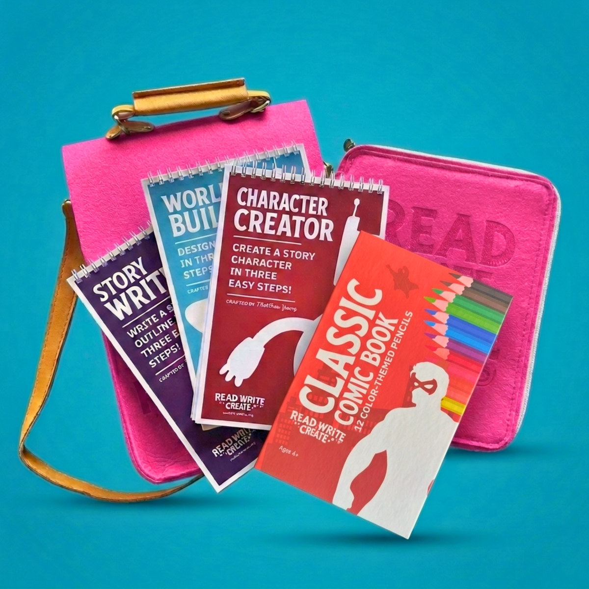 Creative Writing Bundle for Homeschool with Dark Pink bag and Classic Comic Book colored pencils