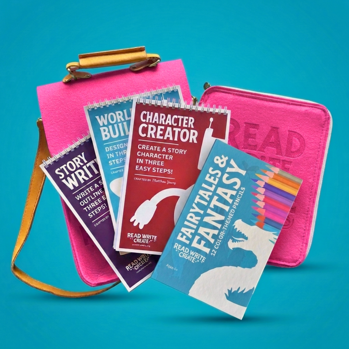 Creative Writing Bundle for Homeschool with Dark Pink bag and Fairytales and Fantasy colored pencils