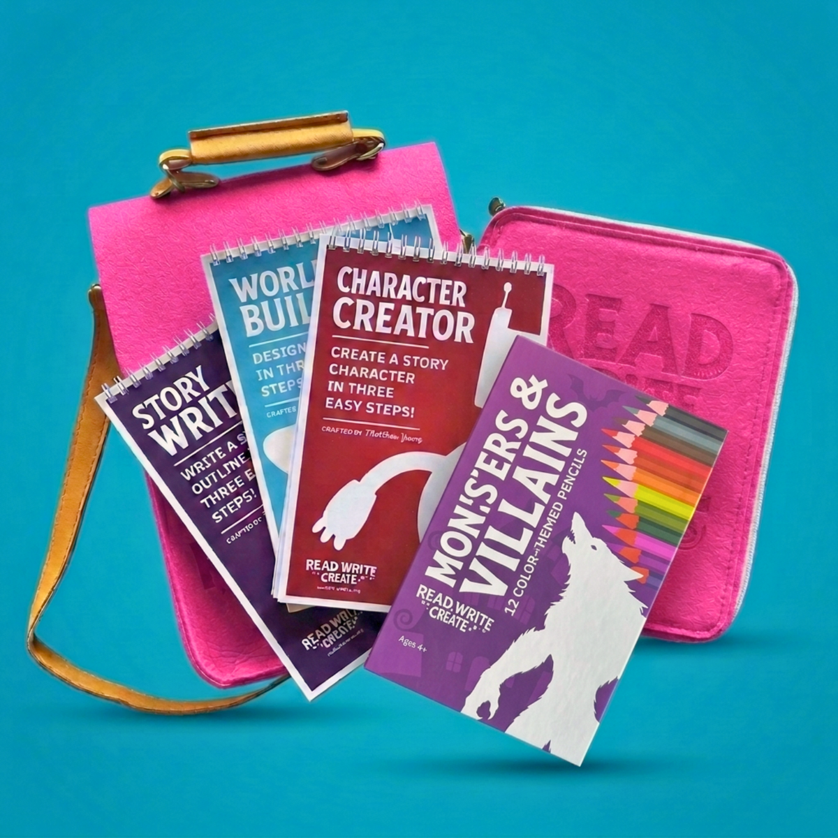 Creative Writing Bundle for Homeschool with Dark Pink bag and Monsters and Villains colored pencils