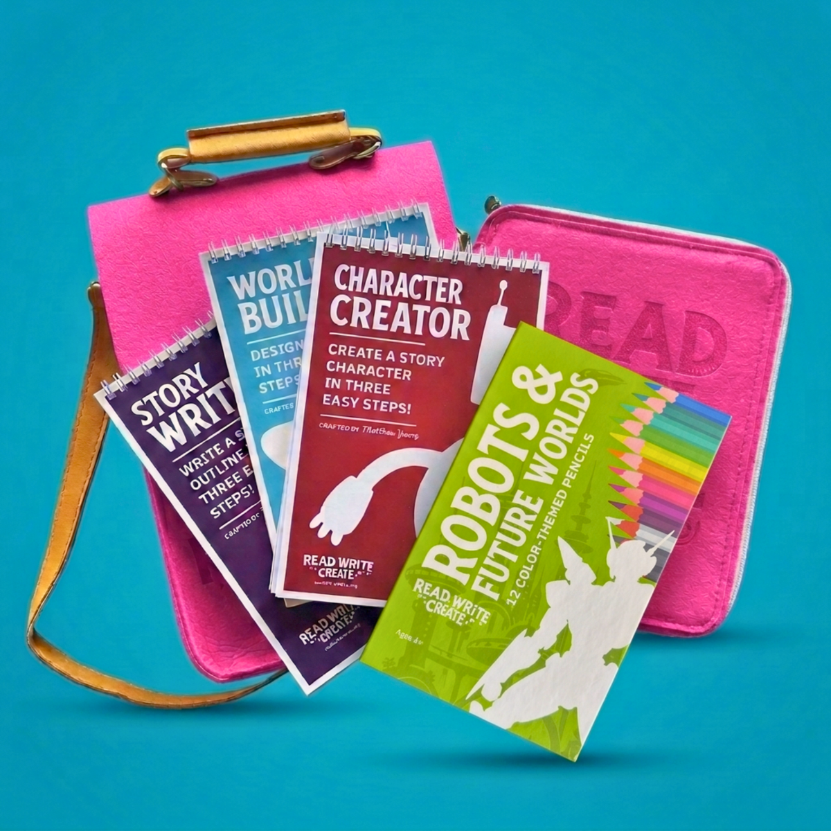 Creative Writing Bundle for Homeschool with Dark Pink bag and Robots &amp; Future Worlds colored pencils