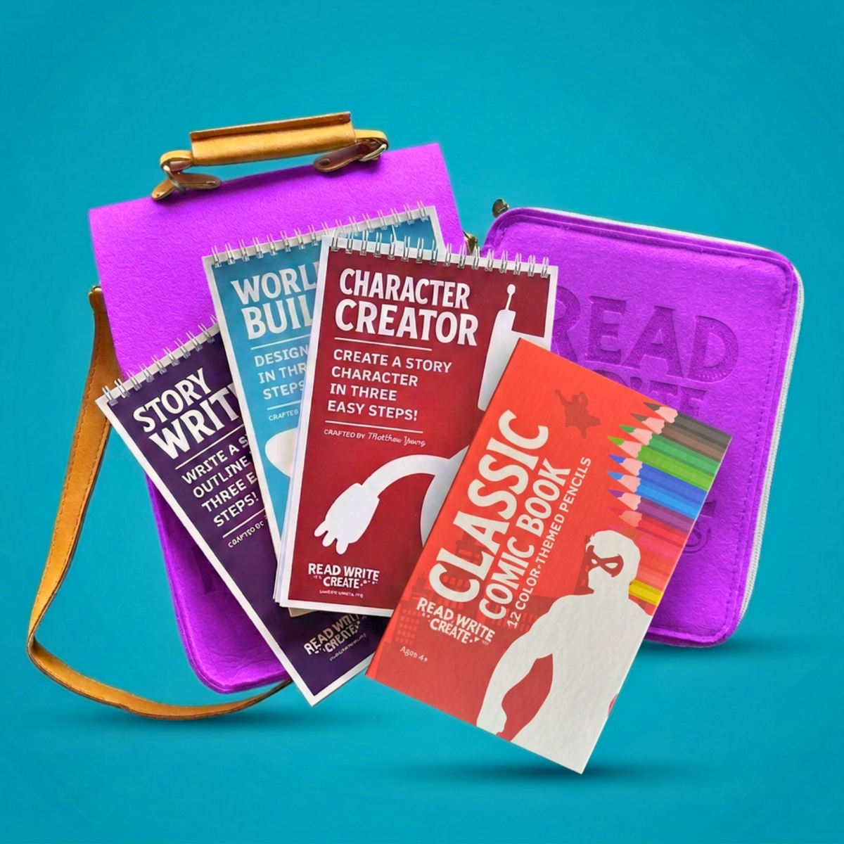 Creative Writing Bundle for Homeschool with Purple bag and Classic Comic Book colored pencils
