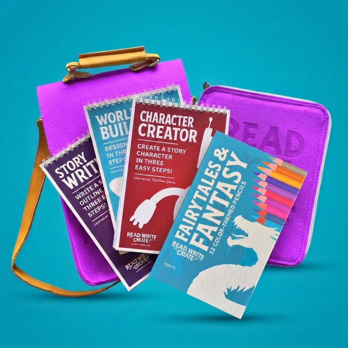 Creative Writing Bundle for Homeschool with Purple bag and Fairytales and Fantasy colored pencils
