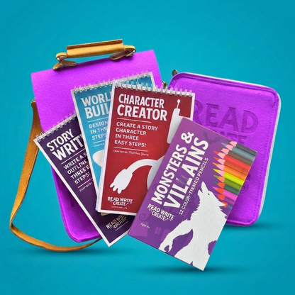 Creative Writing Bundle for Homeschool with Purple bag and Monsters and Villains colored pencils