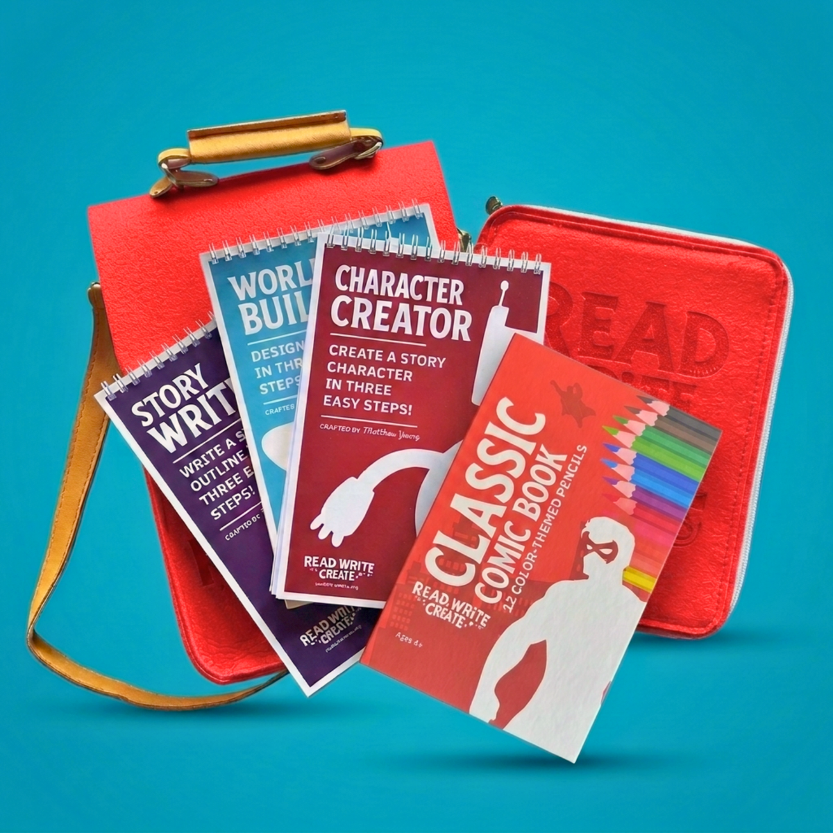 Creative Writing Bundle for Homeschool with Red bag and Classic Comic Book colored pencils