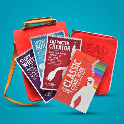 Creative Writing Bundle for Homeschool with Red bag and Classic Comic Book colored pencils