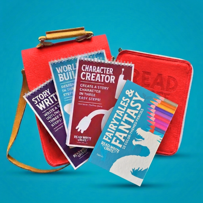 Creative Writing Bundle for Homeschool with Red bag and Fairytales and Fantasy colored pencils