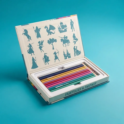 Fairytales and Fantasy 12 color-themed pencils in open magnetic case